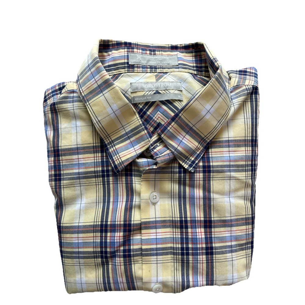 Nordstrom Yellow Plaid Shirt Mens XL Short Sleeve Wrinkle Free Cotton Button Up - Picture 8 of 8